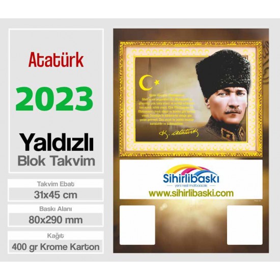  Blok Takvim - Yaldızlı Atatürk - Tek Renk Baskı